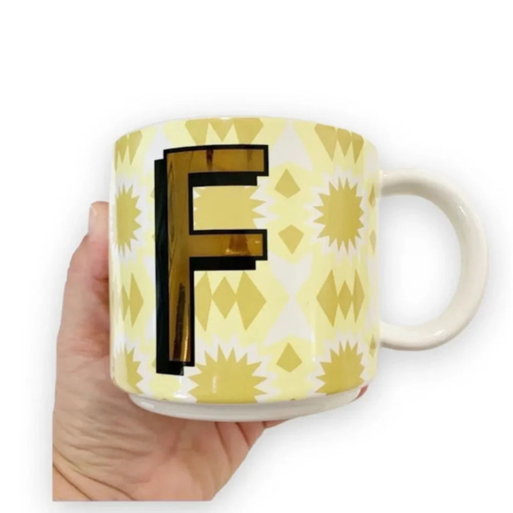 West Elm Initial Mug “F” Gold Yellow Aztec Print‎ Coffee Tea Ceramic Monogram